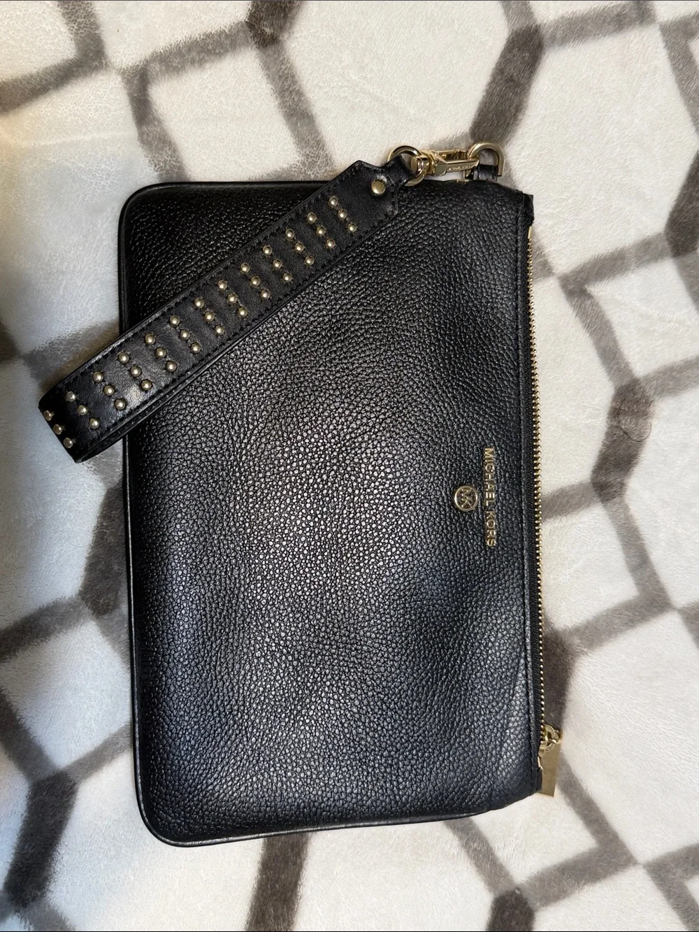 Michael Kors Black Pebbled Leather Zip Wristlet with Studded Strap